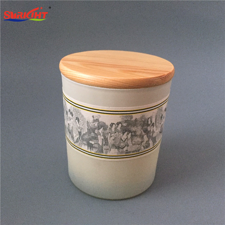 Soy Wax White Frosted Glass Jar Candle with Solid Wood Lid and Label Design
